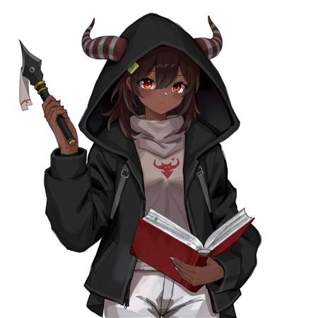 hat, hairclip, weapon, horns, hood up, book, black jacket, white pants, holding, dark-skinned female