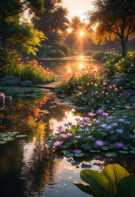 ultra-detailed, (realistic, photorealistic, photo-realistic),  beautiful peaceful evening pond, serene reflection of the sky and clouds in the calm water, captivating atmosphere with warm sunset lighting, golden rays of sunlight filtering through the trees, twilight, sunset light, gentle ripples spreading across the surface, tranquil setting adorned with blooming lotus flowers and water lilies, faint chirping of birds in the distance, subtle breeze rustling the leaves, scattered rocks adding depth and texture to the pond, lush greenery surrounding the pond, just the right balance of light and shadow, impressionistic style with soft brushstrokes, warm color palette with shades of gold, orange, and purple, subtle play of light and shadow enhancing the mood, soothing and calming ambiance, perfect harmony between nature and tranquility, Depth of field, wallpaper, high contrast, intricate details, volumetric lighting, (dynamic composition:1.2), highly detailed, colorful details, (iridescent colors:1.2), (glowing lighting, atmospheric lighting), dreamy, magical, (solo), lens flare, (colorful:1.0), Cinematic light, high-res, sharp focus, smooth, colorful light, particles, (rainbow colors schemes),