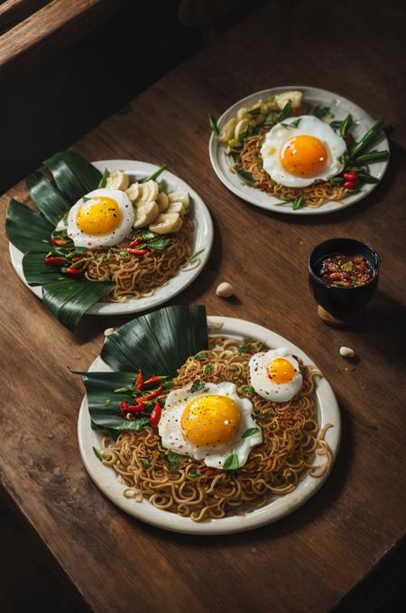 food, manga, miegoreng with egg fried and chilies on plate with banana leaf, ghible anime style, line art, wooden table, details, hot, soft focus, dramatic light, low ligt, blurry background <lora:ARWmiegoreng:1> <lora:add_detail:1> <lora:ghibli_style_offset:0.6>