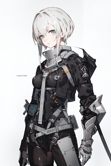 <lora:TechNeco1.2:0.8:OUTALL>,1girl,solo,white hair,short hair,armor,
uniform,jacket,shoulder badge,