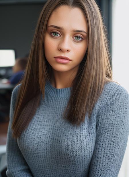 portrait of skswoman, worried , wearing sweater , with Straight hair , background office epic (photo, studio lighting, hard light, sony a7, 50 mm, matte skin, pores, colors, hyperdetailed, hyperrealistic), <lyco:Daniel MelchiorV2:1.0>