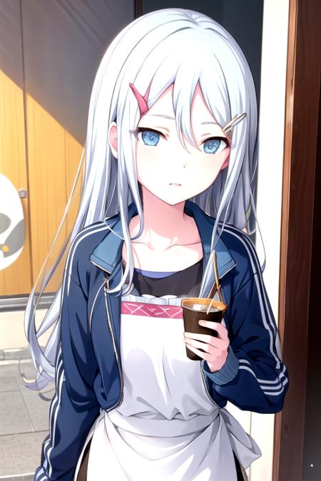 <lora:Kanade3rd-07:0.8>, kanade3rd, smile,  shirt, hair ornament, holding, collarbone, jacket, upper body, parted lips, open clothes, hairclip, apron, open jacket, black shirt, blue jacket, track jacket, chopsticks