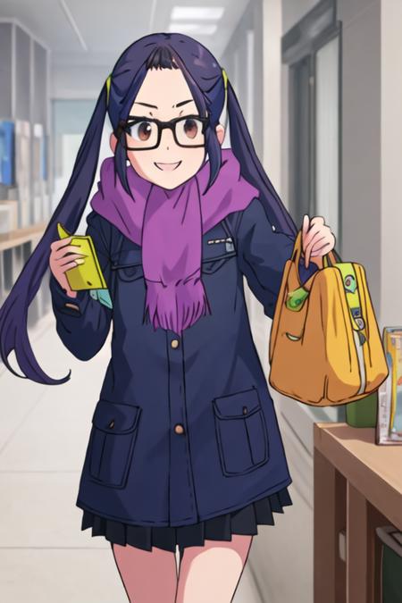 best quality, masterpiece, highres, solo, {ogaki_chiaki_yurucamp:1.15}, glasses, purple_hair, long_hair, brown_eyes, black-framed_eyewear, blue_hair, 1girl, opaque_glasses, scarf, twintails, coat, smile