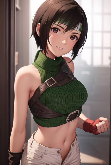 yuffie kisaragi, short hair, black hair, (brown eyes:1.3), gloves, bare shoulders, shorts, sleeveless, midriff, fingerless gloves, armor, crop top, headband, turtleneck, white shorts, unzipped, open fly, sleeveless turtleneck,