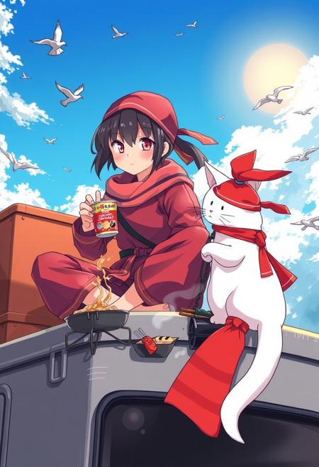 A vibrant, anime-style illustration depicting a 20yo girl sitting crossed legs on the top of a train,  bright blue sky. using an old and worn dirty ninja suit, heating instant ramen on a small grill . The atmosphere is lively, yet tranquil
at her side a white cat with a red ninja bandana carrying a bag with kunais eating a small fish,  traveling searching for adventure. birds flying on the sky, clouds and bright sun,