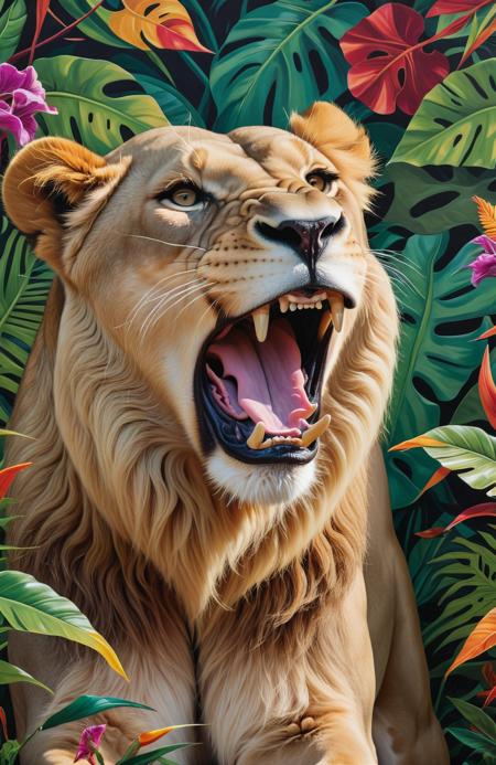 portrait of maximalist detailed lioness roaring in the abstract patterned jungle