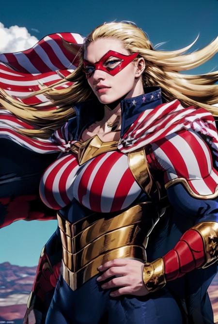 masterpiece, highly detailed skin, hdr, 8k, best quality, high quality, highres, solo, 
ANIME_CathleenBate_MyHero_ownwaifu, www.ownwaifu.com, 
blonde hair, long hair, breasts, blue eyes, large breasts, muscular, muscular female, floating hair, domino mask, mask, tall female, 
superhero, cape, striped, bodysuit, gloves, vertical stripes, flag print, star \(symbol\), american flag print, armor, 
<lora:ANIME_CathleenBate_MyHero_ownwaifu-15:0.8> , 
vibrant, fantasy, detailed, epic, heroic, cinematic photo undefined, 35mm photograph, film, bokeh, professional, 4k, highly detailed