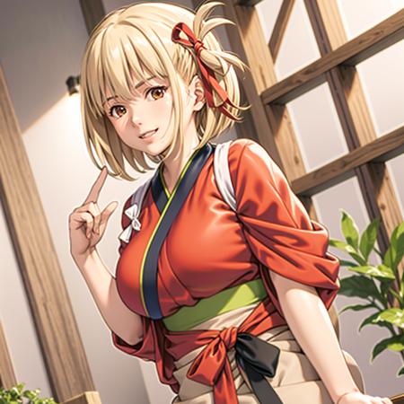 masterpiece, best quality,ly bfqs, nishikigi chisato, 1girl, solo, blonde hair, japanese clothes, red eyes, kimono, hair ribbon, ribbon, bangs, smile,red ribbon, breasts, red kimono,short hair,kbxll