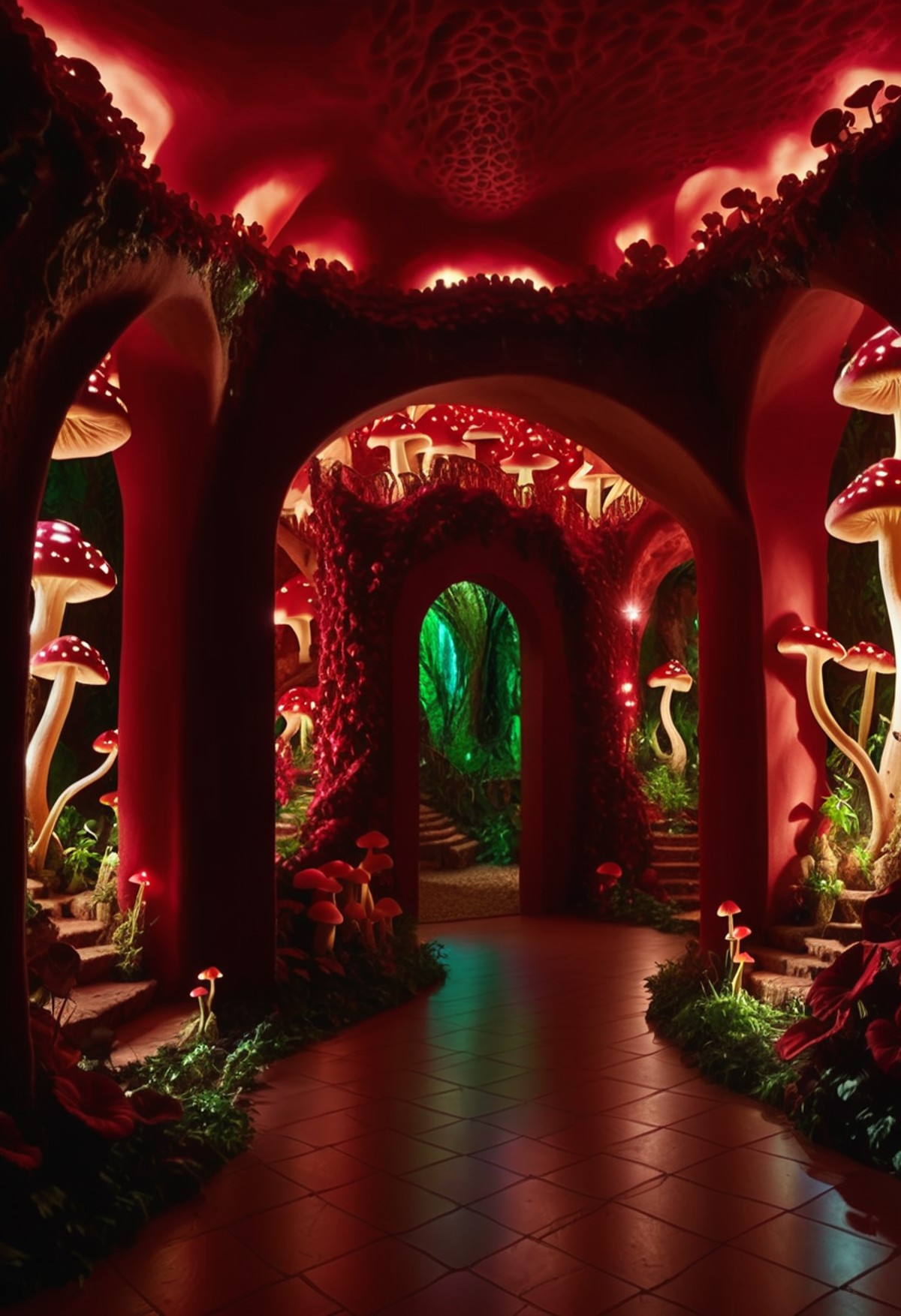 cinematic photo Inside a grand, ornate cave, a house made entirely of organic mushrooms and vines is depicted inside a mus...