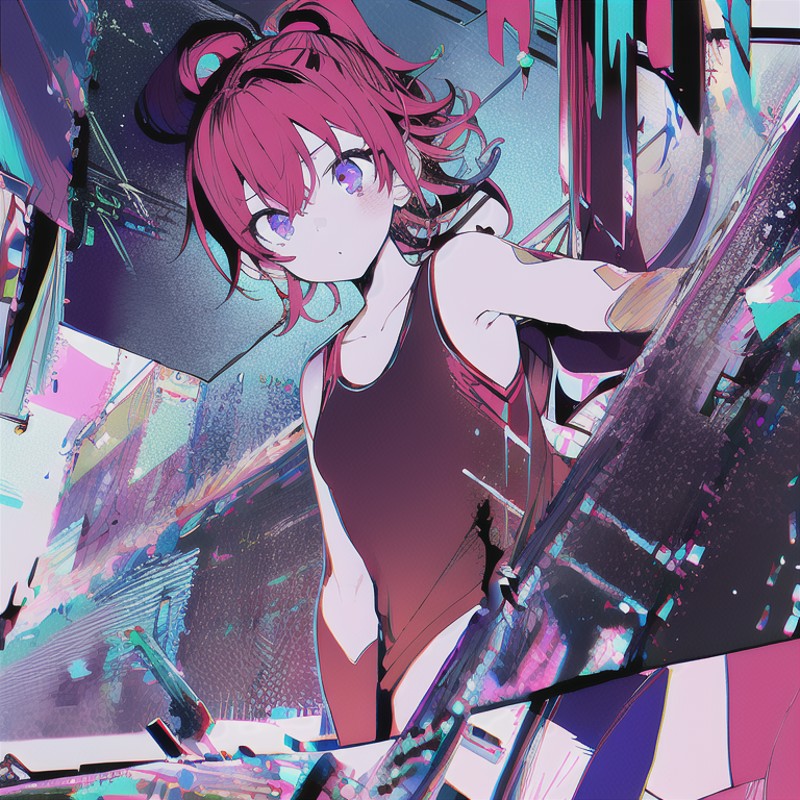 (glitched, artefact, abstract:1.05), solo, 1girl, short red hair, ponytail, small breast, sport tank, looking at viewer, c...