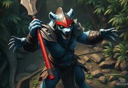 Light blue bear creature, Gladiator Beast Andal concept, armored, black helmet, red visor, holding red stick, dynamic pose, outstretched arms, focal point. Lush jungle dweller background, isometric view. Cinematic, hyperrealistic, ultra detailed 8K concept art, Octane Render, Unreal Engine 5, detailed oil on canvas painting, Splash Ink Illustration, Grammer Effect Style, Houdini Style, Raphael influence, CGSociety, trending on Artstation, exceptional quality, super detailed, stunning multi colors, captivating moody lighting, impeccable composition, golden ratio, creative angle.