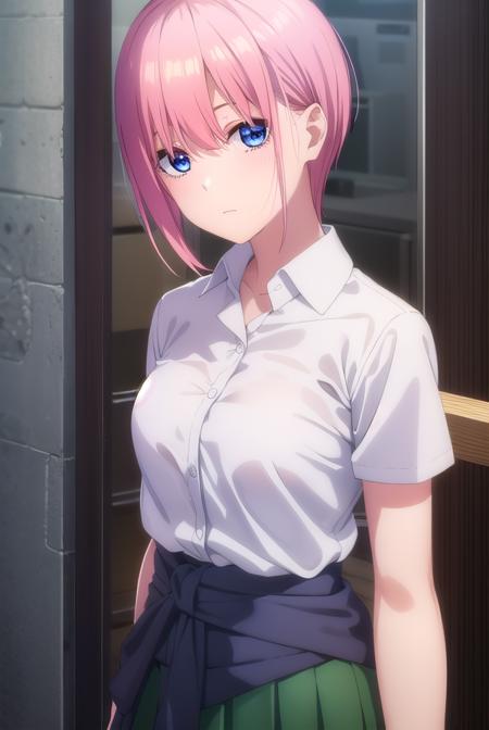 ichikanakano, <lyco:ichikanakanospecial-lyco-nochekaiser:1>, 
ichika nakano, short hair, bangs, blue eyes, hair between eyes, pink hair,
BREAK skirt, shirt, school uniform, white shirt, short sleeves, pleated skirt, shoes, socks, collared shirt, black footwear, sweater, white socks, (green skirt:1.2), loafers, clothes around waist,
BREAK indoors, classroom,
BREAK looking at viewer, (cowboy shot:1.5),
BREAK <lyco:GoodHands-beta2:1>, (masterpiece:1.2), best quality, high resolution, unity 8k wallpaper, (illustration:0.8), (beautiful detailed eyes:1.6), extremely detailed face, perfect lighting, extremely detailed CG, (perfect hands, perfect anatomy),