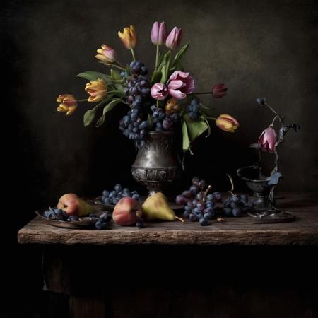 <lora:SDXL_black_and_color_Sa_May:1> Dutch still life with g, pears, grapes, tulips, wooden table, old painting