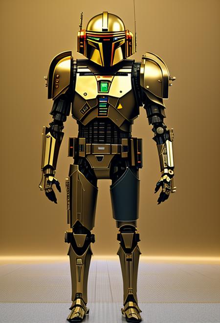 a cinematic full body shot in a wes anderson film of a standing cyborg robot looking like a mechanical version of a marbled all white wes anderson designed mandalorian and daft punk hybrid whimsical android robot with gold plates, photorealistic, black background, octane render, unreal engine, hyper detailed, vray, redshift, volumetric lighting, hdr, wes anderson style