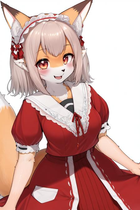 elu \(niji\), 1girl, ((furry fox)) girl, medium breasts, dress, red dress, short sleeves, <lyco:KitsuneAi-EluNiji-LoCon32V1-000006:1.0>