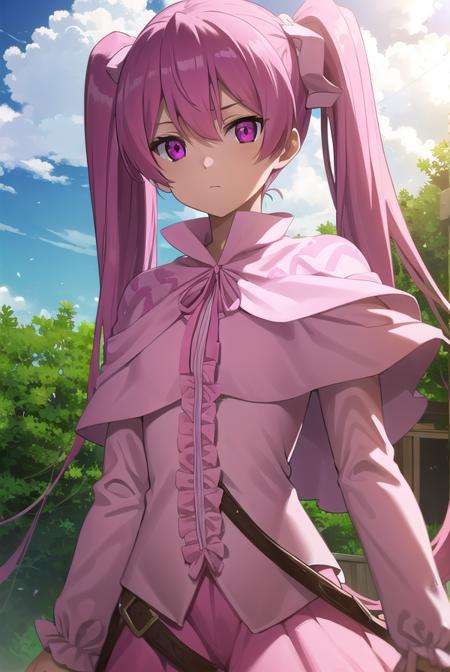 agkmine, <lora:agk mine s1-lora-nochekaiser:1>,
mine, long hair, twintails, pink hair, (pink eyes:1.3),
BREAK dress, pantyhose, pink dress, capelet, pink capelet, pink skirt, skirt, long sleeves,
BREAK outdoors, nature, forest, trees, grass, sky, clouds,
BREAK looking at viewer, (cowboy shot:1.5),
BREAK <lyco:GoodHands-beta2:1>, (masterpiece:1.2), best quality, high resolution, unity 8k wallpaper, (illustration:0.8), (beautiful detailed eyes:1.6), extremely detailed face, perfect lighting, extremely detailed CG, (perfect hands, perfect anatomy),