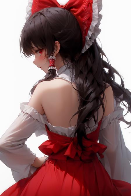 Soft light, 1girl, solo, red bow, bow, hakurei reimu, red skirt, hair bow, frills, looking back, black hair, skirt, from behind, long hair, red eyes, frilled bow, looking at viewer, bare shoulders, white background, hair tubes, braid, back, frilled shirt collar, simple background, sidelocks