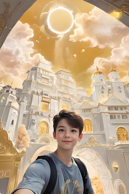 outdoors, jinsixiangyun, architecture, 1boy, gloden cloud, glowing, (selfie:1.5)