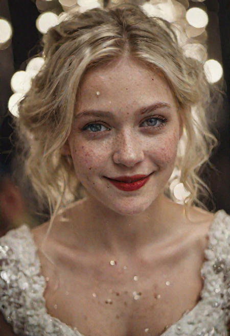 close-up portrait photography of a beautiful smiling blonde dutch girl in a wedding ceremony, cinematic scene, volumetric lights, front camera view, bokeh, gloom, red lips, white porcelain skin, (freckles:0.75), roses, masterpiece, detailed, perfect hazel eyes, (masterpiece:1.2), cinematic lighting, realism, realistic, RAW photo, 4k, highres, photorealistic, best quality, photo, real, extremely detailed, amazing, fine detail, rich colors, dramatic lighting, unrealengine, trending on artstation, cinestill 800 tungsten, high quality, sharp focus,8k uhd, absurdres