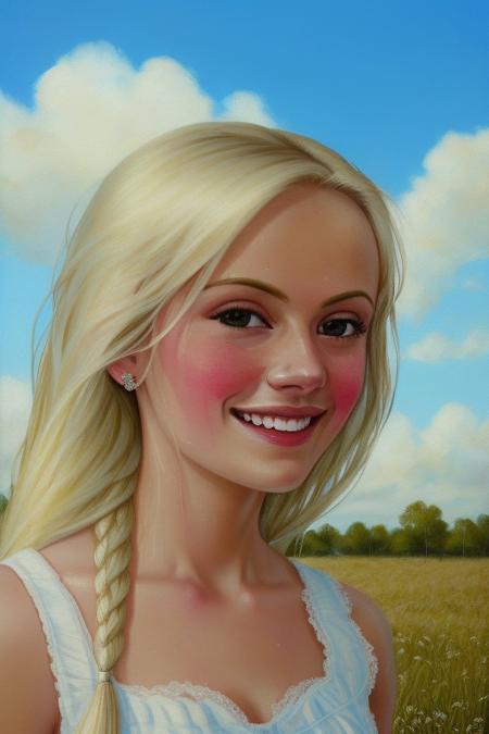 <lora:lostgirls:1>, lostgirls, a painting of a woman, closeup,smiling, blonde hair, blue sky, wholesome