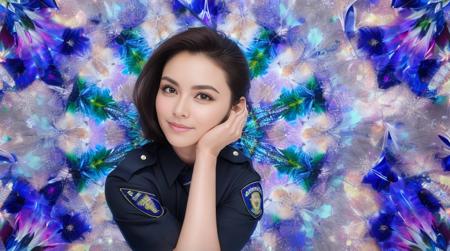 beautiful police officer, kaleidoscope background, <lora:kaleidoscopic_v1.0.1:0.6>