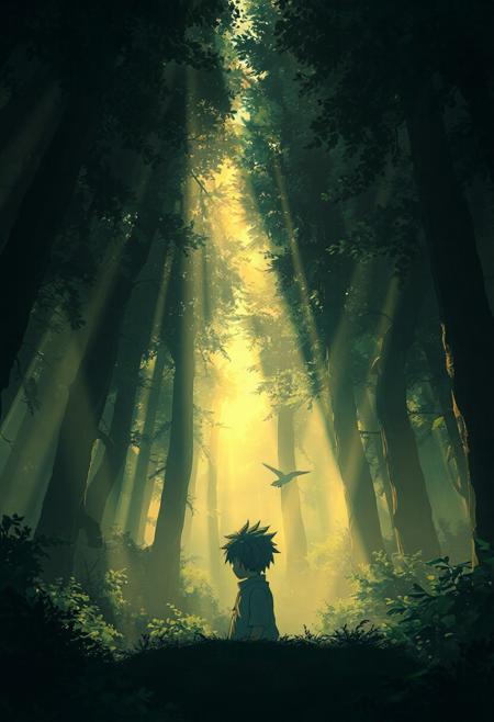Vertical 9:16 cinematic anime scene, dramatic view from inside a dark forest, sunbeams breaking through dense mist, anime boy looking upward at a distant bird flying through glowing light, strong detailed textures, emotional awe and mystery, pastel and vibrant greens and golds.
