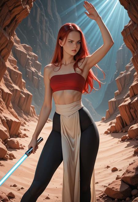 , 8K, high contrast, very aesthetic, photorealistic, HDR, masterpiece, best quality, amazing quality, ultra-detailed, 16k, high-resolution, absurdres, game art, Detailed, newest, scenery, chiaroscuro, volumetric lighting, dappled light, light particles, dramatic shadows, cinematic lighting, photo background, 
BREAK
1girl, joana, long straight hair, light blue eyes, slim, red hair, small breasts, angry face 
beautiful detailed eyes, detailed skin, detailed hair, perfect hands, hair reflects, skin reflects, shiny skin, perfect anatomy,
BREAK
god rays, 
jedi. red tube top, black leggings, white loincloth, holding blue lightsaber, fighting pose, desert