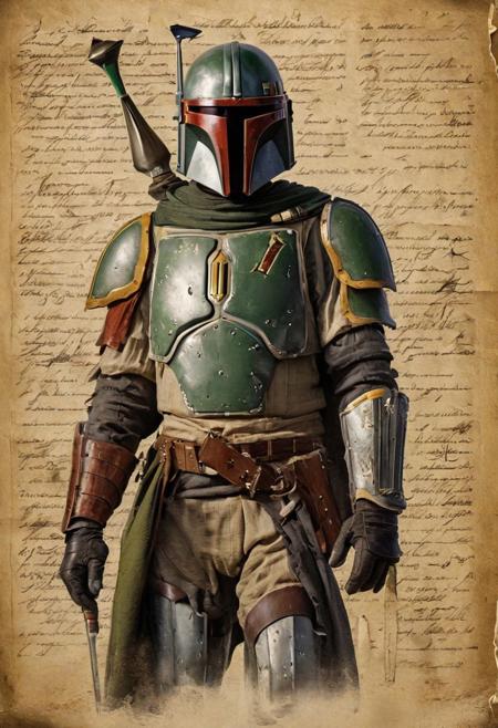 Boba Fett as medieval knight, old scroll with illumination