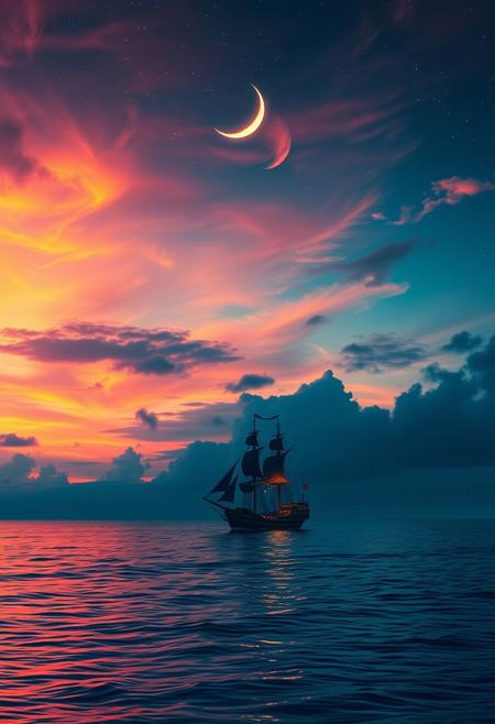 A breathtaking cinematic shot of a celestial seascape, where a lone ship glides across the deep blue ocean. The ancient vessel stands out against the backdrop of a mesmerizing sky, painted with vibrant hues of fiery orange and pink that seamlessly blend with the inky blackness of night. A crescent moon casts a soft glow, illuminating the bioluminescent shimmer of the water. The vast ocean and celestial sky evoke a sense of tranquility, wonder, and awe. The solitary ship adds an air of mystery and adventure, inviting the viewer to embark on a fantastical journey. This conceptual art piece masterfully blends natural beauty with artistic imagination, capturing the magic of the night sky and the allure of the open sea.