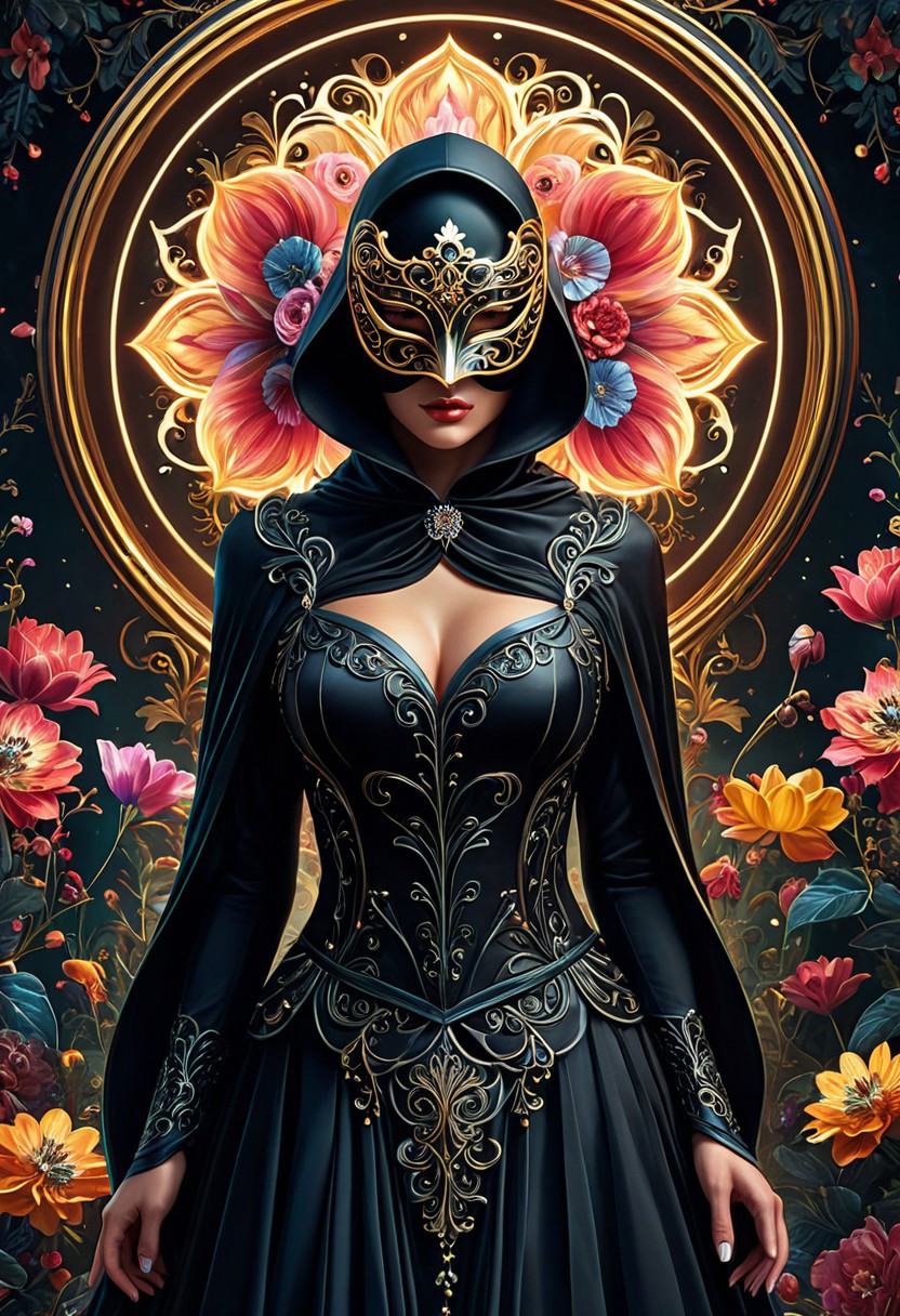 A mysterious masked figure posed in an elegant,  daring exploration, harmonious blend, flowery, dark and surreal illustrations, very detailed, fleeting hints, mesmerizing realm, digital lighting, thick luscious strokes,((photorealistic)) rim lights