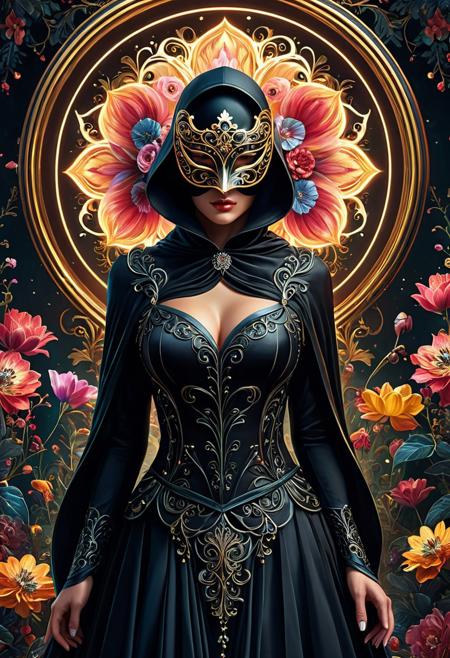 A mysterious masked figure posed in an elegant,  daring exploration, harmonious blend, flowery, dark and surreal illustrations, very detailed, fleeting hints, mesmerizing realm, digital lighting, thick luscious strokes,((photorealistic)) rim lights
