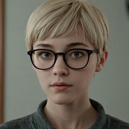 A realistic head and shoulders image of a fictional person about 20 years old that looks like Juno from the movie Juno but with a blond pixie cut and black rimmed glasses. She is facing the camera.