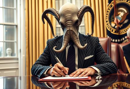 president cthulu in a sharp pin striped suit posing for presidential portrait in the oval office, real photograph, signing bill, empty eyes, lovecraftian, vote for cthulu photorealistic, correct hands, correct fingers, seal of the president of the united states, ad to vote, republican, election year