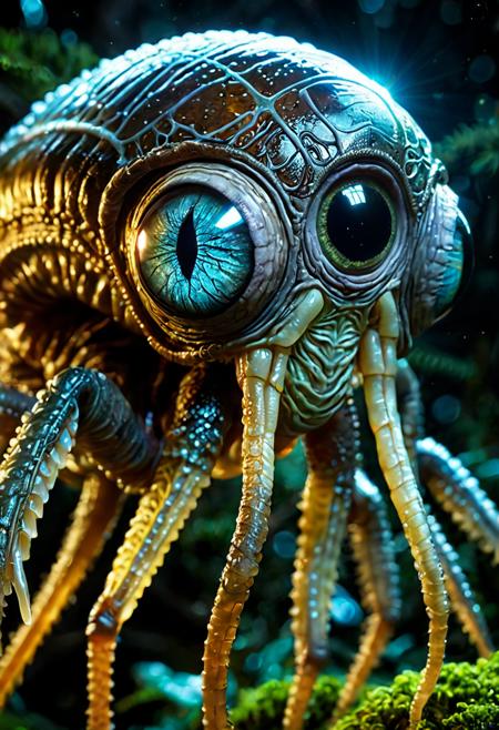 a realistic photo, highly detailed, intricate, beware this otherworldly glowing invertebrate abomination, aptly named "giganotus", with its many legs, this exotic, translucent body, Highly detailed eye, deadly poisonous creature roams the bioluminescent skrunkleshroom forests and psionified jungles of its alien world "Toridor II", where gigantic thorgles and towering grumptrees flumber in the mistgolden ratio, Space terraforming, Alien Flora, hyper detailed, trending on artstation, sharp focus, studio photo, intricate details, highly detailed, by greg rutkowski detailed face, detailed skin