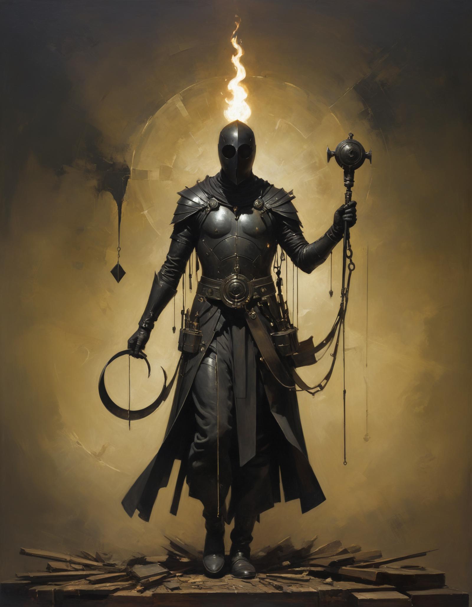 Dark Fantasy Art Featuring a Warrior Holding a Sword and a Chain, with a Glowing Aura in the Background