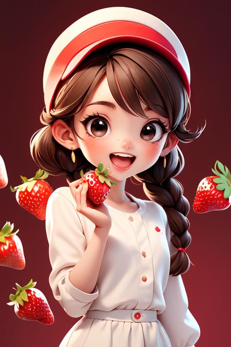 masterpiece,best quality,dramatic, 1girl, solo, long hair, smile, open mouth, bangs, brown hair, hat, strawberry, holding fruit, upper body, braid,chibi, black eyes, twin braids, fruit, red headwear, cropped torso,<lora:GoodHands-beta2:1>, cartoon rendering,