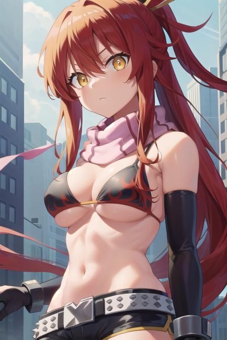 yokolittner, <lora:yokolittnertest:1>,
yoko littner, hair between eyes, hair ornament, high ponytail, (large breasts:1.2), long hair, red hair, sidelocks, skull hair ornament, (yellow eyes:1.5),
BREAK arm support, bare shoulders, belt, bikini, bikini top only, black gloves, black shorts, cleavage, fingerless gloves, flame print, gloves, navel, no shirt, pink thighhighs, scarf, short shorts, shorts, striped, striped scarf, studded belt, swimsuit, thighhighs, underboob, white footwear, wrist cuffs,,
BREAK looking at viewer,
BREAK outdoors, city,
BREAK <lora:GoodHands-vanilla:1>, (masterpiece:1.2), best quality, high resolution, unity 8k wallpaper, (illustration:0.8), (beautiful detailed eyes:1.6), extremely detailed face, perfect lighting, extremely detailed CG, (perfect hands, perfect anatomy),