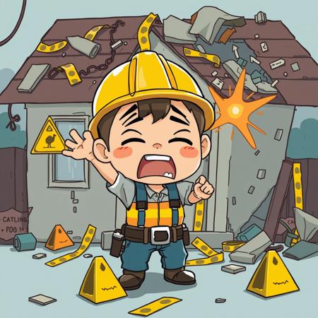 a chibi construction worker working frantically to fix a house that is falling apart, duct tape, caution signs, highly detailed,