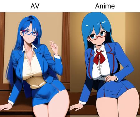 Highres,Masterpiece,Ultra-Detailed,Hyper-Detailed,Beautiful Detailed Face,Bishoujo,1Girl,Solo,Blue Hair,Large Breasts,Curvy,Red Glasses, Blue Blazer,White Sweater,Blue Skirt,Famipornav<lora:FamiPornAV:1>