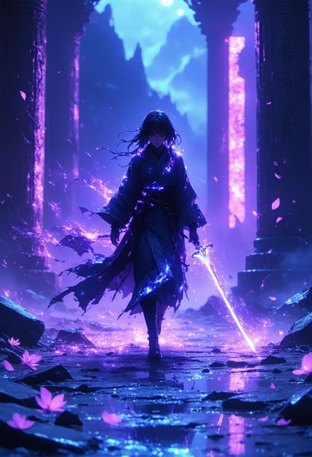Medium close-up, Dutch angle: Rukia strides through a shattered neon-lit shrine, Sode no Shirayuki trailing comet-like ice particles. Her obsidian shihakushō glitches with holographic frost, fractal patterns reacting to her heartbeat. Studio Khara’s cinematic dynamism meets Katsuya Terada’s ink-wash textures—arctic cobalt and void-black bleed into neon magenta. Bioluminescent sakura petals orbit her, disintegrating where her aura flares. Mood: elegant apocalypse. Subzero breath crystallizes into circuit-board patterns; her shadow morphs into a snarling ice dragon. Backlighting fractures through her blade, casting prismatic glyphs on crumbling stone.