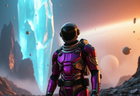 A cinematic shot of an android in a vibrant metallic spacesuit standing in the foreground, with a massive, crystaline structure in the background. . The atmosphere is filled with floating debris and a hazy indigo glow from the huge crystal