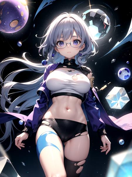 masterpiece, high quality, highly detailed, detailed background, female, large breasts, (galaxy:1.1) eyes, glasses, closed mouth, astrology patterns, (blue:1.1) (crop top:1.1), shredded clothes, body paint, (purple:1.1) jacket, (torn clothes:1.1), very long hair, curly hair, BREAK (crystalline:1.2), (crystalized:1.2), (quarts:1.2), (crystal:1.2), (quantum:1.1) illusion, universe, (space:0.4), abstract, complex, (divergence:1.1), (oceanic:0.9) view, (underwater:0.5), (broken:1.1) clouds, (shattered:1.2) lens, fish eye lens, (from below:1.1), face shot, visible shreds, stars, planets, magical (spheres:1.2), (cubes:1.1), diamonds, dripping, (water:0.7), (splashes:0.9), wind (swirls:1.2), (waves:0.7), (moon:0.6)