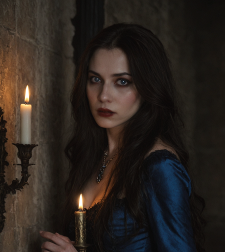 cinematic film still (face ultra close-up:1.3) of a young vampire aristocrat woman with (blue tapetum:1.3), holding a candle next to her face, warm candle light, dramatic shadows, standing in a dark castle hallway, long dark hair, creepy atmosphere of gothic horror films, her face fills the entire frame  <lora:tapetum_sdxl-000011:1.25>