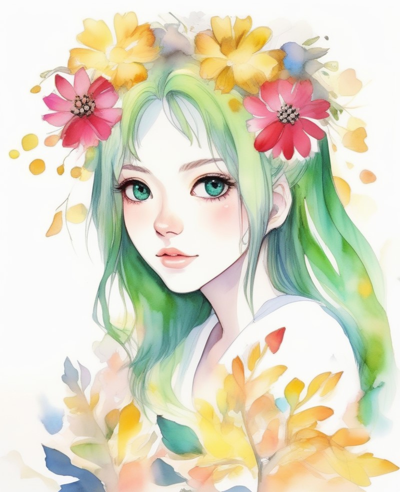 1girl,blue eyes,green hair,rose, camellia,daisy, freckles,  portrait, petals, tulip,(background full of flowers) ,(face cl...
