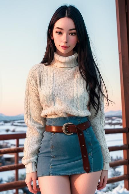 photo of forest:0.99, a woman as a sexy TikTok influencer, modelshoot style, (extremely detailed CG unity 8k wallpaper), ((turtleneck sweater dress):1.1), (forest, snow, outdoors), ((detailed face, detailed eyes):1.3), photo of the most beautiful artwork in the world, professional majestic (photography by Steve McCurry), 8k uhd, dslr, soft lighting, high quality, film grain, Fujifilm XT3 sharp focus, f 5.6, High Detail, Sharp focus, dramatic, (natural light),((cowboy shot, waist, hips, thighs):1.2)