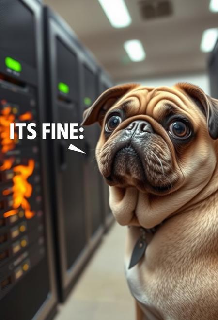 Funny Dog Eye Understanding Photo, 1 Dog, side view, Text (ITS FINE), Pug, Frustrated, angry, Trying to Fix Burning and Exploding Server Room