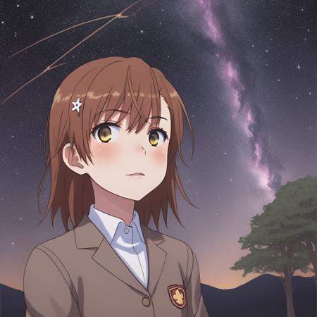 <lora:misaka_mikoto:0.65>1girl, misaka_mikoto, solo, closeup  best quality, starry sky, looking at view, dark sky, (Meteor: 1.2), Nebulae,  universe, Wilderness, Twinkling Stars