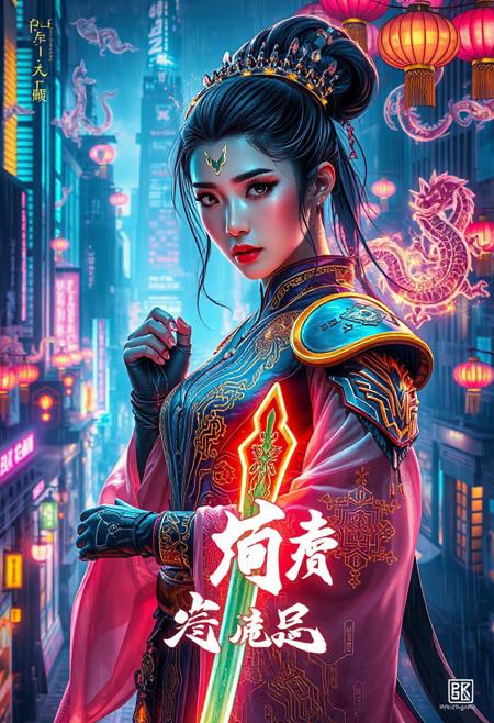 Cinematic cyberpunk poster of a female warrior named He Ziqiong, fusion of futuristic cyber technology and traditional Chinese culture. She wears sleek, high-tech armor with glowing neon circuit patterns and intricate golden Tang dynasty motifs, combined with flowing translucent hanfu fabric that flickers with digital holograms. Her hair is styled in an elegant traditional bun, enhanced with neon-lit metal hairpins and cybernetic implants on her temples. She holds a radiant jade sword with electric sparks crackling along the blade. The background is a sprawling neon-lit cityscape with towering skyscrapers, holographic dragons swirling around, and floating digital lanterns. The color palette is dominated by electric blues, vibrant pinks, and rich gold highlights, with strong contrasts of light and shadow. Dramatic cinematic lighting, rain-soaked streets reflecting neon glows. Chinese calligraphy style title "真武战记" and character name "何子琼" integrated organically into the design with glowing neon strokes. Hyper detailed, ultra realistic, 8k, sharp focus, poster art