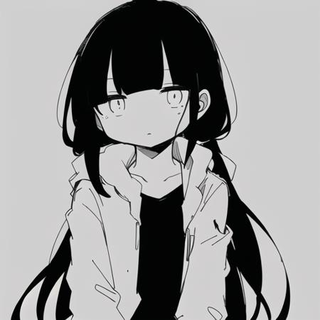 <lyco:last-000038:0.8>, osage, inabakumori, greyscale, monochrome, black hair, simple background, white background,