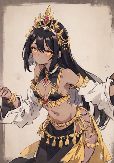 masterpiece, extremely detailed,looking at viewer,leaning forward, 1girl, ((((dark skin)))), long hair, (black hair), yellow eyes, almost closed eyes, ((((small breasts)))), solo, hands on chest, belly dancer outfit,